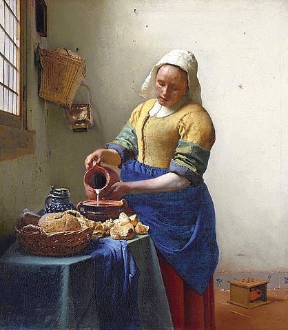 Jan Vermeer van Delft, Dienstmagd mit Milchkrug. Um 1658-60 (Genre,Barock,17. Jahrhundert,Copyright: www.bridgemanart.com,1632-1675,Vermeer van Delft,Jan,Öl auf Leinwand,Amsterdam,Rijksmuseum,Jan Vermeer,Frau,Magd,Dienstmagd,Haube,gelb,blau,Milch,Krug,Milchkrug,Fenster,eingießen,alltägliche Szene,Küche,Küchenmädche)