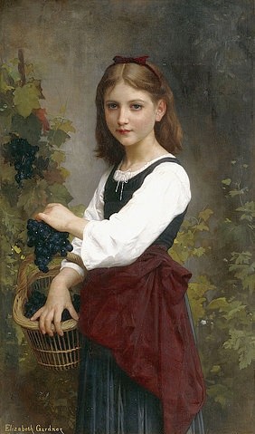 Elizabeth Jane Gardner Bouguereau, Junges Mädchen mit einem Korb mit Trauben. (19. Jahrhundert,Bouguereau,Elizabeth Jane Gardner,1837-1922,Öl auf Leinwand,Christie's Images Ltd,Elizabeth Jane Gardner Bouguereau,Mädchen,jung,Kind,Korb,pflücken,Ernte,ernten,weiße Bluse,Bauernmädchen,Weintrauben,Herbst,Obst,Haarband,braunhaarig,brav)