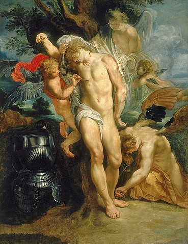 Peter Paul Rubens, Der heilige Sebastian, von Engeln umsorgt. 1601-02 (Heiliger, Sebastian, Engel, Rüstung, Pfeile, Blut, Märtyrer, Barock, Klassiker, Malerei, Treppenhaus, Wohnzimmer, Wunschgröße, bunt)