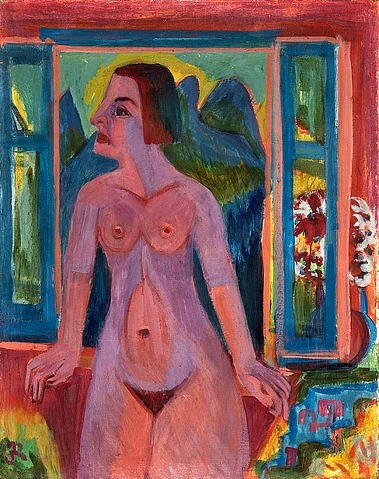 Ernst Ludwig Kirchner, Nackte Frau am Fenster. 1922-23 (Städel Museum,Frankfurt am Main,Kirchner,Ernst Ludwig,1880-1938,Öl auf Leinwand,20. Jahrhundert,Kirchner,Ernst Ludwig Kirchner,20. Jahrhundert,Expressionismus,Die Brücke,Akt,Frau,weiblich,stehend,stehen,Fenster,Hautfarbe,Inkarnat, Städel Museum)