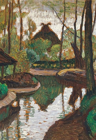 Otto Modersohn, Frühling an der Wümme. Um 1911 (Frühling, Fluss, Wümme, Norddeutschland, Kate, Reetdach, Giebelschmuck, malerisch, Idylle, Landschaft, Landschaftsmalerei,  Künstlerkolonie Worpswede, Klassische Moderne,   Wohnzimmer, Treppenhaus, Wunschgröße)