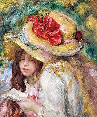 Pierre-Auguste Renoir, Die beiden Schwestern (Les deux soeurs). Um 1890-95 (Portraits, zwei Mädchen, Schwestern, Freundinnen, Strohhut, Sonnenhut,rote Schleife, Brief, Sommer, sommerlich, Impressionismus, klassische Moderne, Wunschgröße, Wohnzimmer, Malerei)