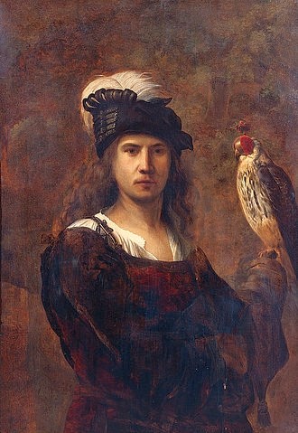 Rembrandt van Rijn (Umkreis), Ein Falkner mit Federhut. (17. Jahrhundert,Öl auf Holz,Rembrandt van Rijn (Umkreis),Christie's Images Ltd,Umkreis Rembrandt Harmensz Van Rijn,braun,junger Mann,Hut,Feder,Falke,Falkner,Falknerei,Tier,Vogel,Halbfigur,langes Haar,langhaarig,Greifvogel,Kappe)