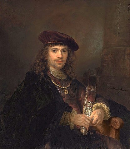 Rembrandt van Rijn, Mann mit einem Schwert. 1644 (Portrait,und Werkstatt,17. Jahrhundert,Öl auf Leinwand,Christie's Images Ltd,1606-1669,Rembrandt van Rijn,Rembrandt,Mann,jung,junger Mann,Schwert,dunkel,dunkler Hintergrund,Halskette,langes Haar,Kappe)