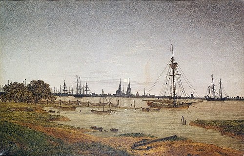 Caspar David Friedrich, Hafen bei Mondschein. 1811 (Winterthur,Sammlung Oskar Reinhart,Friedrich,Caspar David,1774-1840,Öl auf Leinwand,19. Jahrhundert,Romantik,Caspar David Friedrich,Greifswald,Anker,Kirchtürme,Silhouette,Segelschiff,Segelschiffe,Mast,Maste,Fischernetze,Ruhe,windstill,Mond)