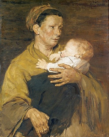 Max Liebermann, Mutter und Kind. 1878 (Impressionismus,19. Jahrhundert,Öl auf Leinwand,1847-1935,Liebermann,Max,Winterthur,Sammlung Oskar Reinhart,Max Liebermann,Frau,Kind,im Arm halten,Mutter,bäuerlich,Bäuerin,Kleinkind,Baby,schlafen,Brauntöne,braun)