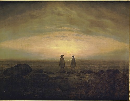 Caspar David Friedrich, Zwei Männer am Meer bei Sonnenuntergang. Um 1817 (Friedrich,Caspar David,1774-1840,Berlin,Alte Nationalgalerie,Öl auf Leinwand,Abend,Friedrich,Caspar David Friedrich,Romantik,Sonnenuntergang,19. Jahrhundert,Küste,Meer,Abendstimmung,Dämmerung,Zwielicht,Horizont,Weite,Ferne,Fernweh,Himmel,Stimmung,stimmung)