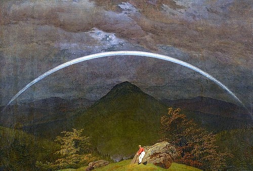 Caspar David Friedrich, Gebirgslandschaft mit Regenbogen. 1809/10 (Essen,Museum Folkwang,Friedrich,Caspar David,1774-1840,Öl auf Leinwand,19. Jahrhundert,Romantik,Landschaft,Friedrich,Caspar David Friedrich,Regenbogen,Hügel,Wolken,erhaben,Natur,Wanderer)