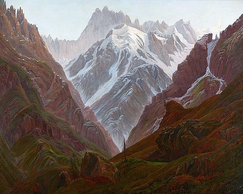 Carl Gustav Carus, Hochgebirge. Kopie nach Caspar David Friedrich. Um 1824. (Essen,Museum Folkwang,Carus,Carl Gustav,1789-1869,19. Jahrhundert,Landschaft,Carus,Carl Gustav Carus,Schlucht,Bergschlucht,Schnee,schneebedeckt,Berg,Berge,Gebirge,Hochgebirge,steil,Abhang)