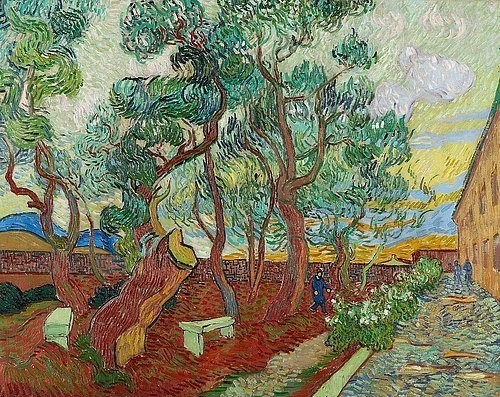 Vincent van Gogh, Der Garten des Hospitals von Saint Rémy. (Le parc de l'hôpital, à Saint-Rémy). 1889 (Gogh,Vincent van,1853-1890,Essen,Museum Folkwang,Öl auf Leinwand,19. Jahrhundert,Foto: Jens Nober,Museum Folkwang,Gogh,Vincent van Gogh,Saint-Remy-de-Provence,saint-paul,Remy,Provence,Garten,Bäume,Park,Stamm,Baumstamm,Kiefern,Kieferbäume,Kiefernbäume,ocke)
