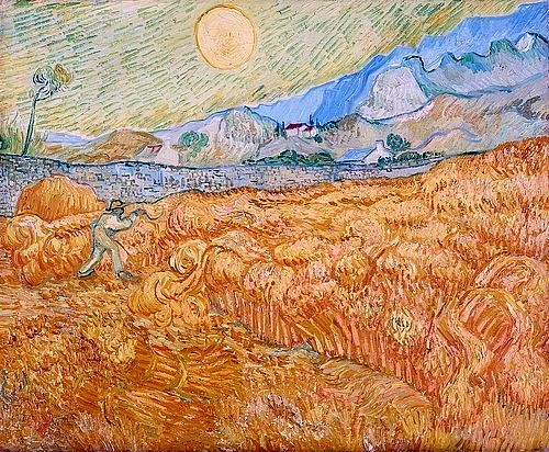 Vincent van Gogh, Die Ernte, Kornfeld mit Schnitter (La moisson). 1889 (Gogh,Vincent van,1853-1890,Essen,Museum Folkwang,Öl auf Leinwand,19. Jahrhundert,Gogh,Vincent van Gogh,Kornfeld,Feld,Schnitter,weizenfeld,Getreide,Getreidefeld,Sonne,gelb,Sichel,Bauer,Landwirtschaft,Ernte,Erntezeit,Sommer,warm)