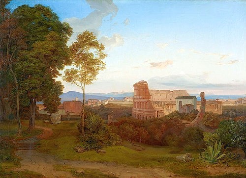 Carl Rottmann, Das Colosseum in Rom. 1828 (Landschaftsmalerei, Italien, Rom, Colosseum, Ruine, Amphitheater, Archäologie, mythisch, episch, heroisch, Antike, Malerei, Romantik, Klassiker, Wunschgröße, Wohnzimmer, bunt)