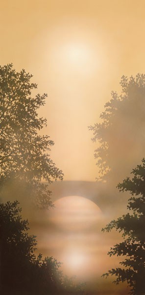Peter Walsh, RIVER MIST (Malerei, Landschaft, Natur mystisch, Flusslandschaft, Brücke, Sonnenlicht, Sonnenstrahlen, Dunst, Nebel, diffus, Lichtspiel, Treppenhaus, Schlafzimmer, Wohnzimmer, Wunschgröße, bunt)
