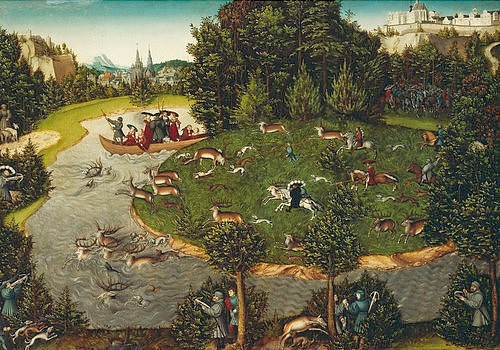 LUCAS CRANACH Der Ältere, Hirschjagd des Kurfürsten Friedrich des Weisen. (Landschaft, Fluss, Jäger, Hunde, Jagdgesellschaft, Panorama, Hirschjagd, Hirsche, Gesellschaft, Klassiker, Renaissance, Wunschgröße, Wohnzimmer)