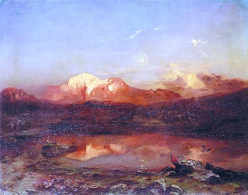 Carl Rottmann, Der Hohe Göll bei Alpenglühen. (Landschaftsmalerei, Bayern, Berge, Sonnenuntergang, Alpen, Gebirge, mythisch, episch, heroisch, Abendszene, stimmungsvoll, Malerei, Romantik, Klassiker, Wunschgröße,  Wohnzimmer, bunt)