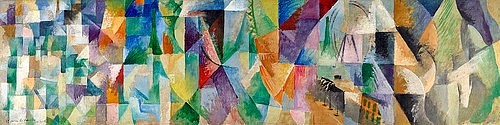 Robert Delaunay, Die Fenster zur Stadt (Les fenêtres sur la ville). 1912 (Essen,Museum Folkwang,Delaunay,Robert,1885-1941,Öl auf Leinwand,20. Jahrhundert,Robert Delaunay,Fensterbild,Panorama,fenetre simultanee,fenetres simultanees,Riesenrad,Eiffelturm,Simultanität,Großstadt,Paris,Fries,friesähnlich)