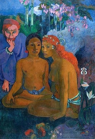 Paul Gauguin, Barbarische Erzählungen (Contes barbares). 1902. (Gauguin,Paul,1848-1903,Essen,Museum Folkwang,Öl auf Leinwand,19. Jahrhundert,20. Jahrhundert,Paul Gauguin,Tohotauas,rothaarig,frauen,exotisch,exotik,tahiti,mann)