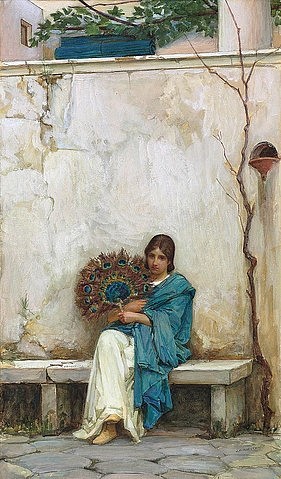 John William Waterhouse, Tagträume (Day Dreams). (junge Frau, Fächer, Steinbank, Mauer, Pfauenfedern, einsam, Melancholie, viktorianisch, Symbolismus, Präraffaeliten, Klassiker, Wohnzimmer, bunt)