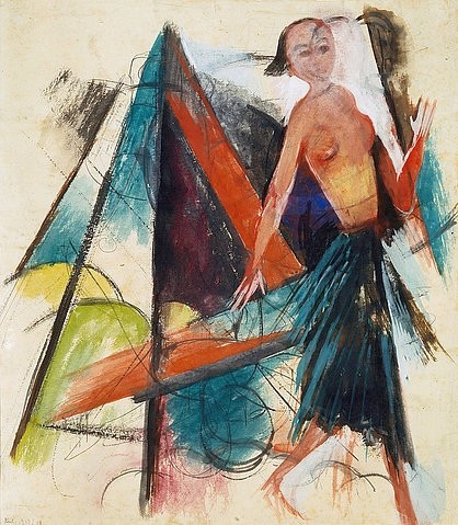 Franz Marc, Miranda. Figurine für Shakespeares Sturm. 1914. (Marc,Franz,Basel,Kupferstichkabinett,1880-1916,Tempera,Literatur,Marc, Franz 1880-1916,Franz Marc,19. Jahrhundert,20. Jahrhundert,Expressionismus,expressionistisch,expressiv,Deutschland,deutsch,Blaue Reiter,Miranda,Frau,Mädchen,Frau, jung,barbusig,Figurin)
