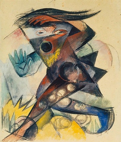 Franz Marc, Caliban. Figurine für Shakespeares Sturm. 1914 (Marc,Franz,1880-1916,Basel,Kupferstichkabinett,Tempera,Marc,Franz Marc,Literatur,19. Jahrhundert,20. Jahrhundert,Deutschland,deutsch,Expressionismus,expressionistisch,expressiv,Blaue Reiter,Caliban,Entwurf,Skizze,skizzenhaft,Figur,Figurine,Mann,Shakespear)