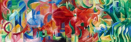 Franz Marc, Spielende Formen. 1914 (Marc,Franz,Essen,Museum Folkwang,1880-1916,Öl auf Leinwand,20. Jahrhundert,Franz Marc,19. Jahrhundert,20. Jahrhundert,Deutschland,deutsch,Expressionismus,expressionistisch,expressiv,Formen,Form,Figur,Figuren,spielen,spielend,Natur,Landschaft,Tier,kristall)