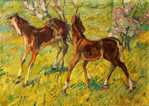 Franz Marc, Fohlen auf der Weide. 1909 (Marc,Franz,1880-1916,Priv.Prinzessin Cantacuzino NY,Pferde,Marc, Franz 1880-1916,Franz Marc,19. Jahrhundert,20. Jahrhundert,Deutschland,deutsch,Expressionismus,expressionistisch,expressiv,impressionistisch,Blaue Reiter,Tier,Tiere,Pferd,Pferde,Fohlen,Weide)
