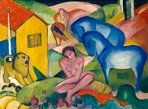 Franz Marc, Der Traum. 1912. (Marc,Franz,1880-1916,Collection Kandinsky Neuilly,Öl auf Leinwand,Träume,Wildtiere,Pferde,Marc, Franz 1880-1916,Franz Marc,19. Jahrhundert,20. Jahrhundert,Deutschland,deutsch,Expressionismus,expressionistisch,expressiv,Blaue Reiter,Tiere,Tier,Frau,Traum,s)