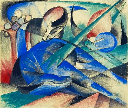 Franz Marc, Träumendes Pferd. 1913 (Marc,Franz,1880-1916,New York,S. Guggenheim-Museum,Aquarell,20. Jahrhundert,Gouache and Tusche auf Papier,Pferde,Marc, Franz 1880-1916,Franz Marc,19. Jahrhundert,20. Jahrhundert,Deutschland,deutsch,Expressionismus,expressionistisch,expressiv,Blaue Reiter,)