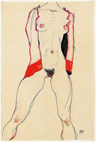 Egon Schiele, Weiblicher Torso. 1913 (Schiele,Egon,1890-1918,Christie's Images Ltd,Gouache/Aquarell/Bleistift,20. Jahrhundert,Expressionismus,auf Papier,Egon Schiele,Frau,Akt,Torso,rot,Brust,Gouache,Bleistift,weibliche,Gouache,breitbeinig stehen,Scham,intim)