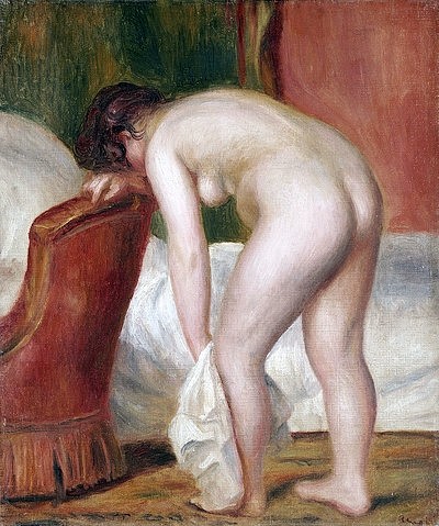 Pierre-Auguste Renoir, Sich abtrocknende Frau (Femme nue s'essuyant). Um 1909 (Aktmalerei, Rückenakt, nackte Frau, Rückenfigur, Bad, Handtuch, abtrocknen, Sessel, Impressionismus, klassische Moderne, Wunschgröße, Wohnzimmer, Malerei)