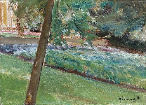 Max Liebermann, Kohlfeld im Wannseegarten nach Nordwesten. 1918 (Liebermann,Max,1847-1935,Christie's Images Ltd,Öl auf Leinwand,20. Jahrhundert,Impressionismus,Max Liebermann,Garten,Wannseegarten,Wannsee,Baum,Stamm,Baumstamm,Gemüsebeet,Beet,Rasen,Nutzgarten,Kohlfeld,Kohl)