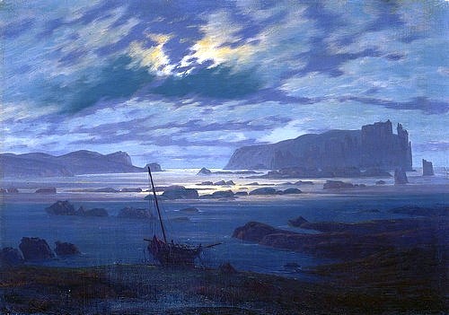 Caspar David Friedrich, Mondnacht über nordischer Meerlandschaft. (Prag,National (Narodni) Galerie,Friedrich,Caspar David,1774-1840,Abend,Meer,Friedrich, Caspar David Friedrich,18. Jahrhundert,19. Jahrhundert,deutsch,Romantik,romantisch,Mondnacht,Mond,Nacht,melancholisch,Melancholie,Wolken,Meerlandschaft,Meer,Landschaft,)