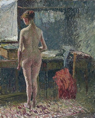 Camille Pissarro, Weiblicher Rückenakt in einem Interieur (Femme nue de dos dans un intérieur). 1895 (Pissarro,Camille,1830-1903,Christie's Images Ltd,Öl auf Leinwand,19. Jahrhundert,Impressionismus,Camille Pissarro,barfuß,braunhaarig,Knoten,Kontemplation,Tischchen,Hintern,von hinten,Frau,stehen,Stehende,Akt,nackt,Rückenakt,Interieur,unbeweglich,nachdenke)