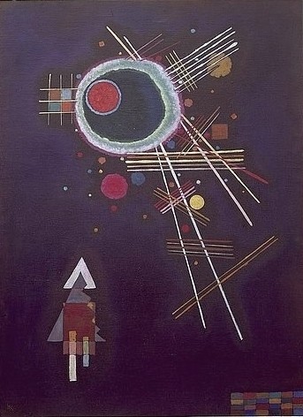 Wassily Kandinsky, Strahlenlinien. 1927. (Kandinsky,Wassily,1866-1944,Rotterdam,Museum Boijmans Van Beuningen,Öl auf Leinwand,wassily kandinsky,strahlen,linien,abstrakt,abstrakte kunst,modern,kreis,dunkel,komposition,dunkler hintergrund)