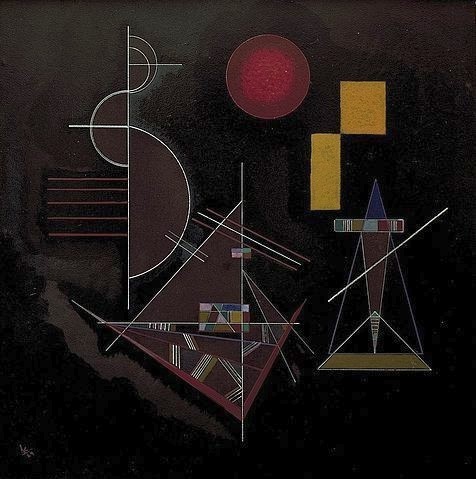 Wassily Kandinsky, Leicht in Schwer (licht in zwaar). 1929. (Wunschgröße, Klassische Moderne, Malerei, abstrakte Kunst, geometrische Formen, abstrakte Muster, Rechtecke, Kreise, Streifen, Dreieck, Balken, Linien, Bögen, Farbflächen, Wohnzimmer, dunkel, Wunschgröße)