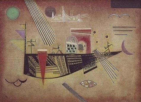 Wassily Kandinsky, Launisch. 1930. (Wunschgröße, Klassische Moderne, Malerei, abstrakte Kunst, geometrische Formen, Boot, abstrakte Muster, Rechtecke, Kreise, Streifen, Dreieck, Balken, Linien, Bögen, Farbflächen, Wohnzimmer, Büro, Arztpraxis, bunt)