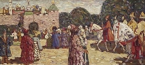Wassily Kandinsky, Sonntag (Altes Russland). 1904. (Öl auf Leinwand,Rotterdam,Museum Boijmans Van Beuningen,Kandinsky,Wassily,1866-1944,wassily kandinsky,figurativ,gegenständlich,personen,menschen,reiter,landschaft,Frühwerk,sonnig)