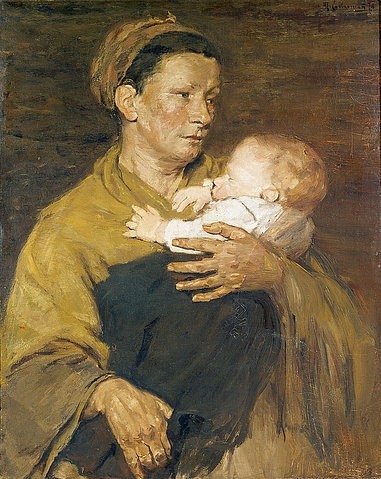 Max Liebermann, Mutter und Kind. 1878 (Impressionismus,19. Jahrhundert,Öl auf Leinwand,1847-1935,Liebermann,Max,Winterthur,Sammlung Oskar Reinhart,Max Liebermann,Frau,Kind,im Arm halten,Mutter,bäuerlich,Bäuerin,Kleinkind,Baby,schlafen,Brauntöne,braun)