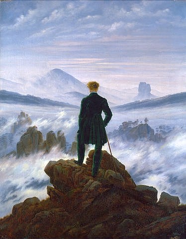 Caspar David Friedrich, Der Wanderer über dem Nebelmeer. Um 1818 (Hamburg,Kunsthalle,Friedrich,Caspar David,1774-1840,Öl auf Leinwand,Friedrich,Caspar David Friedrich,19. Jahrhundert,18. Jahrhundert,Romantik,Landschaft,Stimmungslandschaft,Mann,Nebel,Einsamkeit,Rückenfigur,Berg,Berge,Wandern,Wanderer,Gefühl,Stimmung,stim)