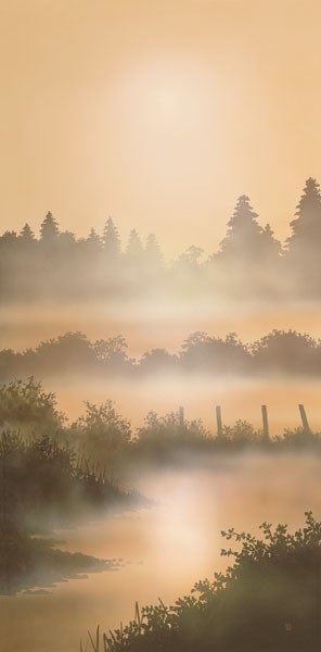 Peter Walsh, MORNING MIST (Malerei, Landschaft, Natur mystisch, Flusslandschaft, Morgendunst, Sonnenlicht, Sonnenstrahlen, Dunst, Nebel, diffus, Lichtspiel, Treppenhaus, Schlafzimmer, Wohnzimmer, Wunschgröße, bunt)