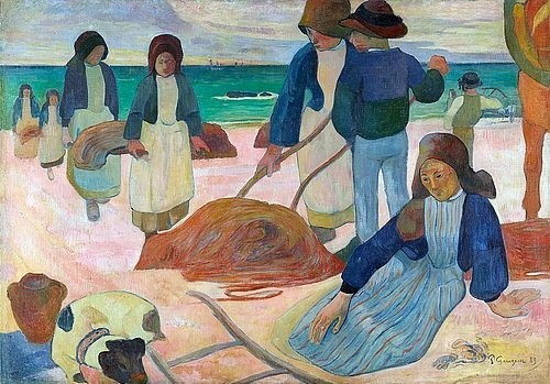 Paul Gauguin, Bretonische Tangsammlerinnen (II) (Ramasseuses de varech (II)). 1889 (Gauguin,Paul,1848-1903,Essen,Museum Folkwang,Öl auf Leinwand,19. Jahrhundert,Paul Gauguin,Bretagne,Frauen,Männer,Tracht,Küste,Tang,Le Pouldu,flächig,klare Flächen,Alltag,alltäglich,Arbeit,Hund,tragen,sammeln)