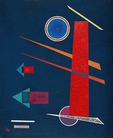 Wassily Kandinsky, Mächtiges Rot. 1928 (Klassische Moderne, Malerei, abstrakte Kunst, geometrische Formen, abstrakte Muster, Linien, Kreise, Dreiecke, Pfeile, Wohnzimmer, Büro, Arztpraxis, Wunschgröße, rot/blau)