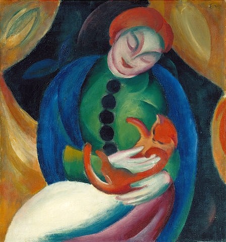 Franz Marc, Mädchen mit Katze II., 1912 (20. Jahrhundert,Öl auf Leinwand,1880-1916,Marc,Franz,Privatbesitz,Marc,Franz Marc,20. Jahrhundert,Katze,Frau,Tier,Haustier,Expressionismus,Blauer Reiter,Kater,wiegen,Schoß,rund,runde Formen,harmonisch,Tierliebe,liebkosen,Knöpfe,spielen,verspielt)