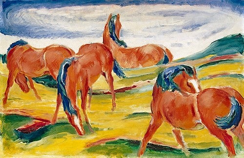 Franz Marc, Weidende Pferde III. 1910 (Privatbesitz,Marc,Franz,1880-1916,20. Jahrhundert,Pferde,Marc, Franz 1880-1916,Franz Marc,19. Jahrhundert,20. Jahrhundert,Deutschland,deutsch,Expressionismus,expressionistisch,expressiv,Blaue Reiter,Tier,Tiere,Wildtiere,Wildtier,Pferd,Pferde,Wiese,grasen,)