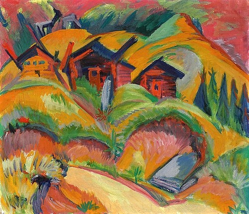 Ernst Ludwig Kirchner, Drei Hütten am Hügel, rote Hütten. 1919 (Kirchner,Ernst Ludwig,1880-1938,Christie's Images Ltd,Öl auf Leinwand,20. Jahrhundert,Landschaft,Ernst Ludwig Kirchner,Berg,Berge,Berglandschaft,Davos,Schweiz,Berghütten,Berghütte,Weg,farbenfroh)