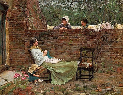 John William Waterhouse, Plauderei (Gossip). Um 1885 (Backsteinmauer, Garten, Stuhl,  Junge Frau, Kind, Mädchen,  handarbeiten,  Freundinnen,  Tratsch,  Klatsch,  plaudern, Wäscheleine, Realismus, Wohnzimmer, bunt)