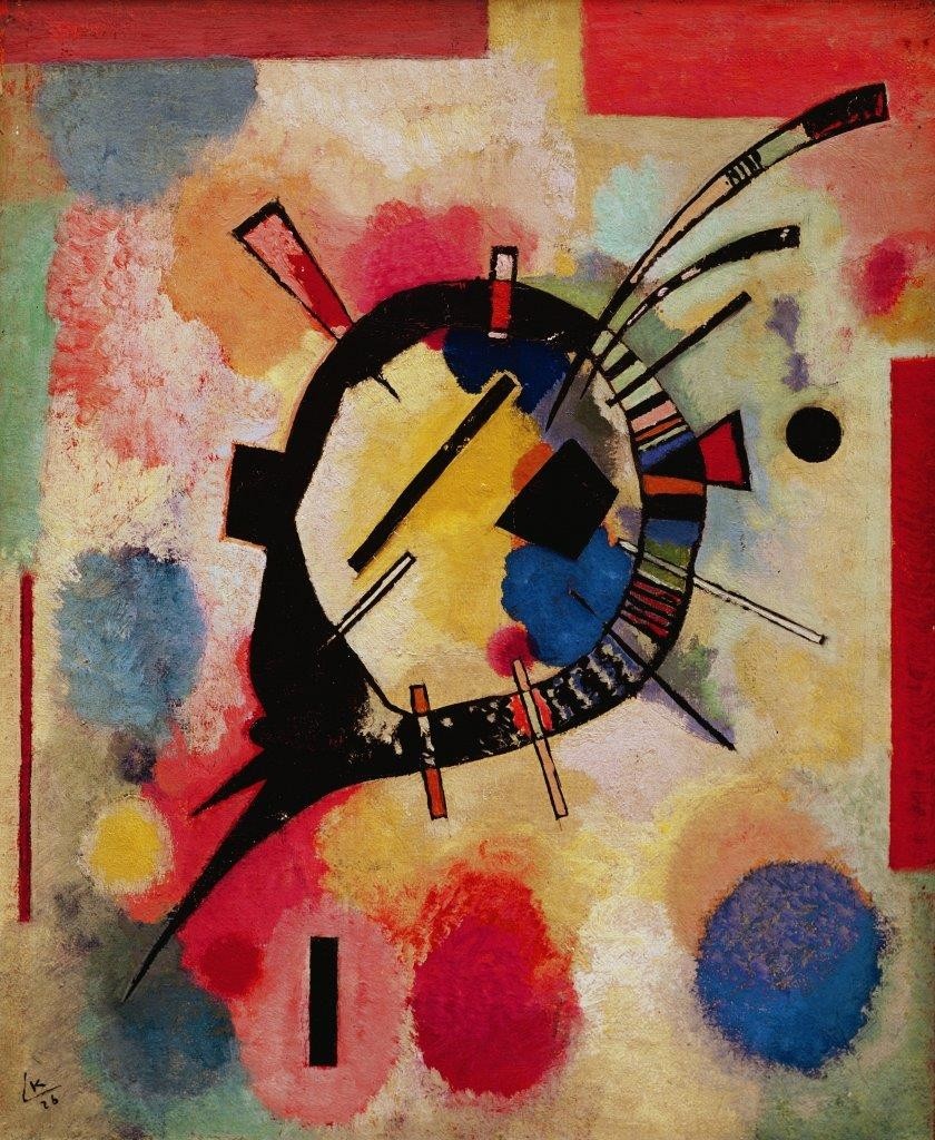 Wassily Kandinsky, Gelbe Mitte. 1926. (Klassische Moderne, Malerei, abstrakte Kunst, geometrische Formen, abstrakte Muster, Linien, Kreise, Dreiecke, Bögen, Wohnzimmer, Büro, Arztpraxis, Wunschgröße, bunt)