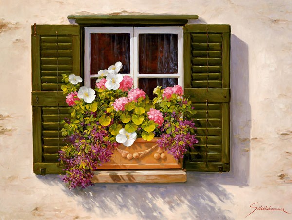 Heinz Schölnhammer, SCHOENE AUSSICHT II (Fenster, Blumen, Schlagladen, Sommer, Sonnenlicht, Realismus, Wunschgröße, Esszimmer, Wohnzimmer, Treppenhaus, Malerei, bunt)