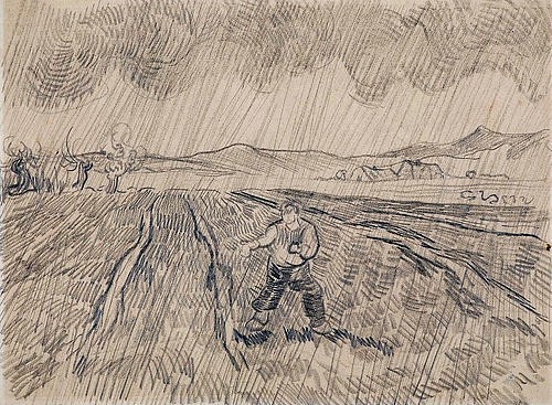 Vincent van Gogh, La pluie. Sämann im Regen. 1890 (19. Jahrhundert,Bleistift und Kreide,Essen,Museum Folkwang,1853-1890,Gogh,Vincent van,Gogh,Vincent van Gogh,Regen,regnen,Sämann,säen,Feld,Landwirtschaft,Zeichnung)