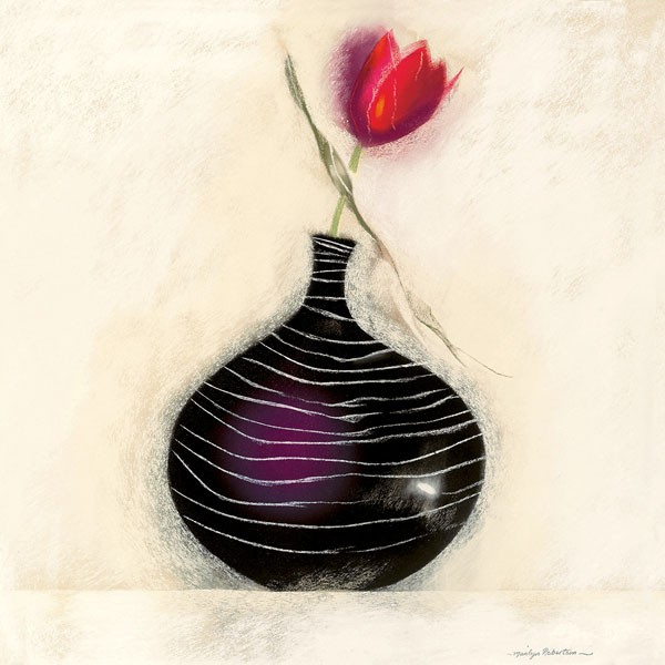 Marilyn Robertson, TULPE IN SCHWARZER VASE I (Malerei, Stillleben, Blume, Tulpe, Blüte, Vase, modern, dekorativ, Wunschgröße, Schlafzimmer, Treppenhaus, Wohnzimmer, bunt)